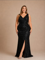 Women’s Olive Glamorous Sequin V Neck Sleeveless High Slit Maxi Dress