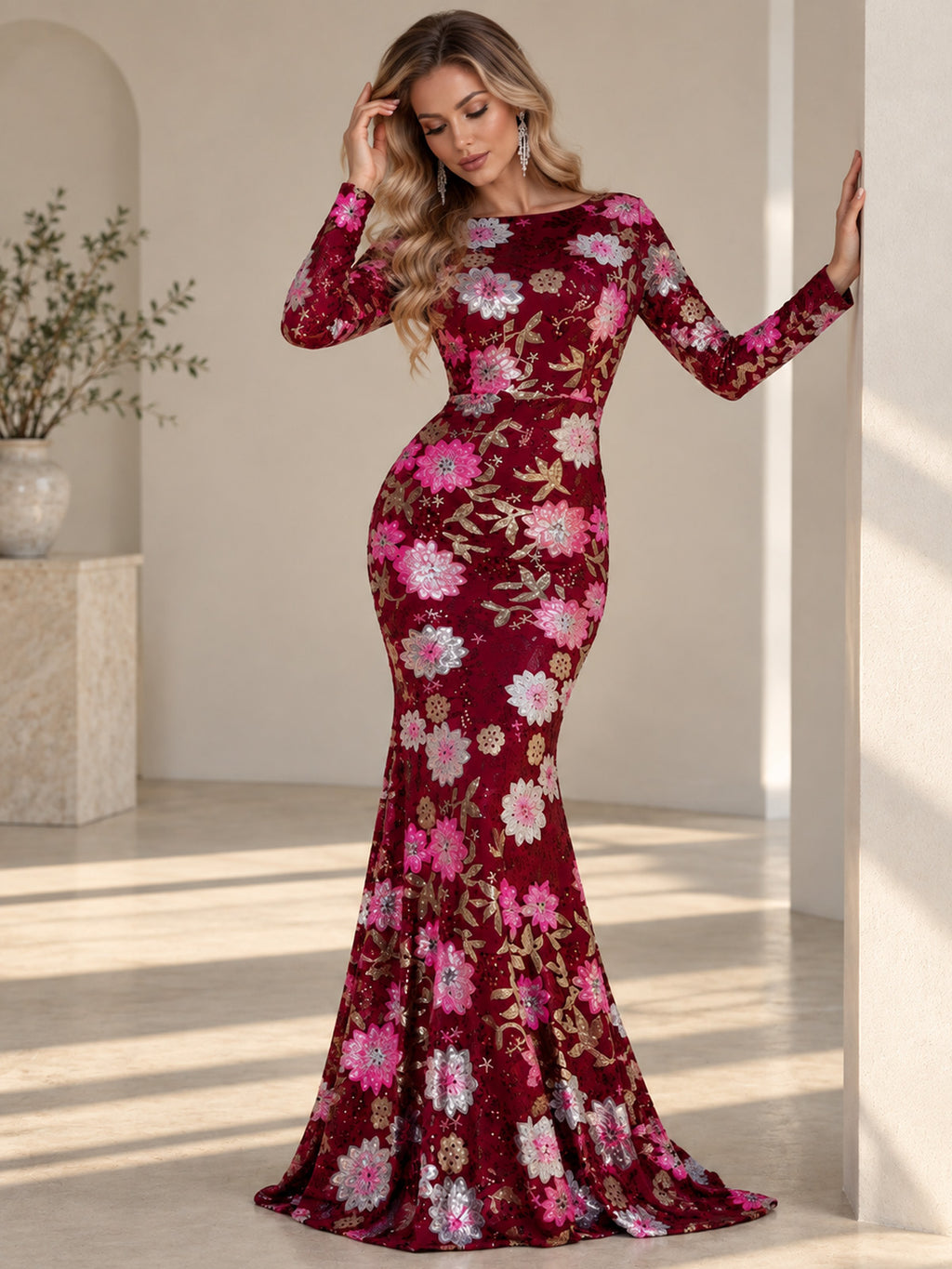 Women’s Royal Blue Floral Sequin Round Neck Long Sleeve Mermaid Maxi Dress