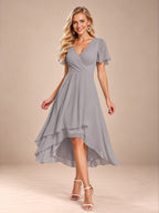 Women’s Emerald Green Elegant Chiffon V-Neck Flutter Sleeve High-Low A-Line Midi Dress with Wrap Detail