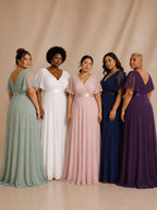 Women’s White Graceful Chiffon V Neck Flutter Short Sleeve A-Line Maxi Dress with Pleated Bodice Detail