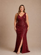 Women’s Olive Glamorous Sequin V Neck Sleeveless High Slit Maxi Dress