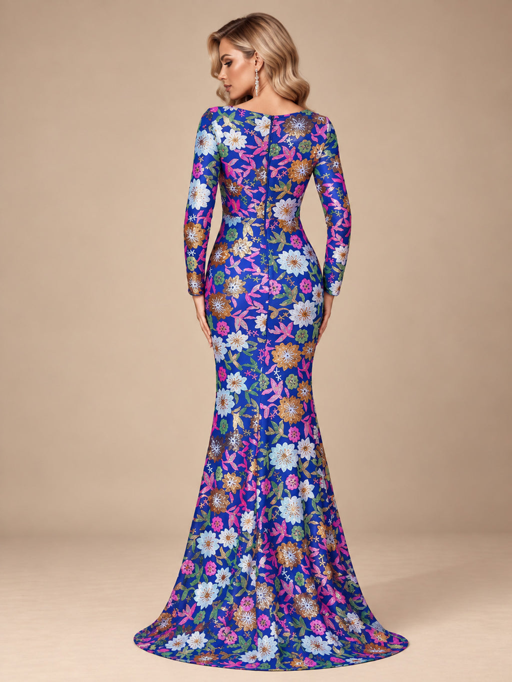 Women’s Royal Blue Floral Sequin Round Neck Long Sleeve Mermaid Maxi Dress