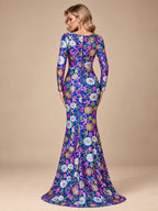 Women’s Royal Blue Floral Sequin Round Neck Long Sleeve Mermaid Maxi Dress