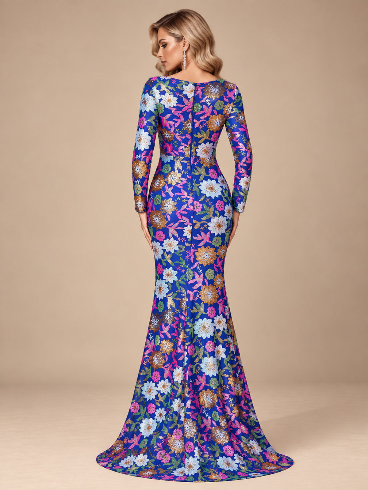 Women’s Royal Blue Floral Sequin Round Neck Long Sleeve Mermaid Maxi Dress