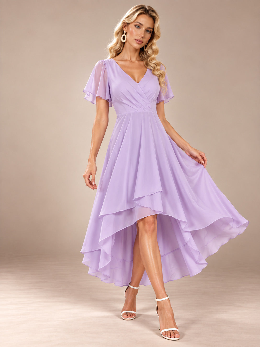 Women’s Emerald Green Elegant Chiffon V-Neck Flutter Sleeve High-Low A-Line Midi Dress with Wrap Detail
