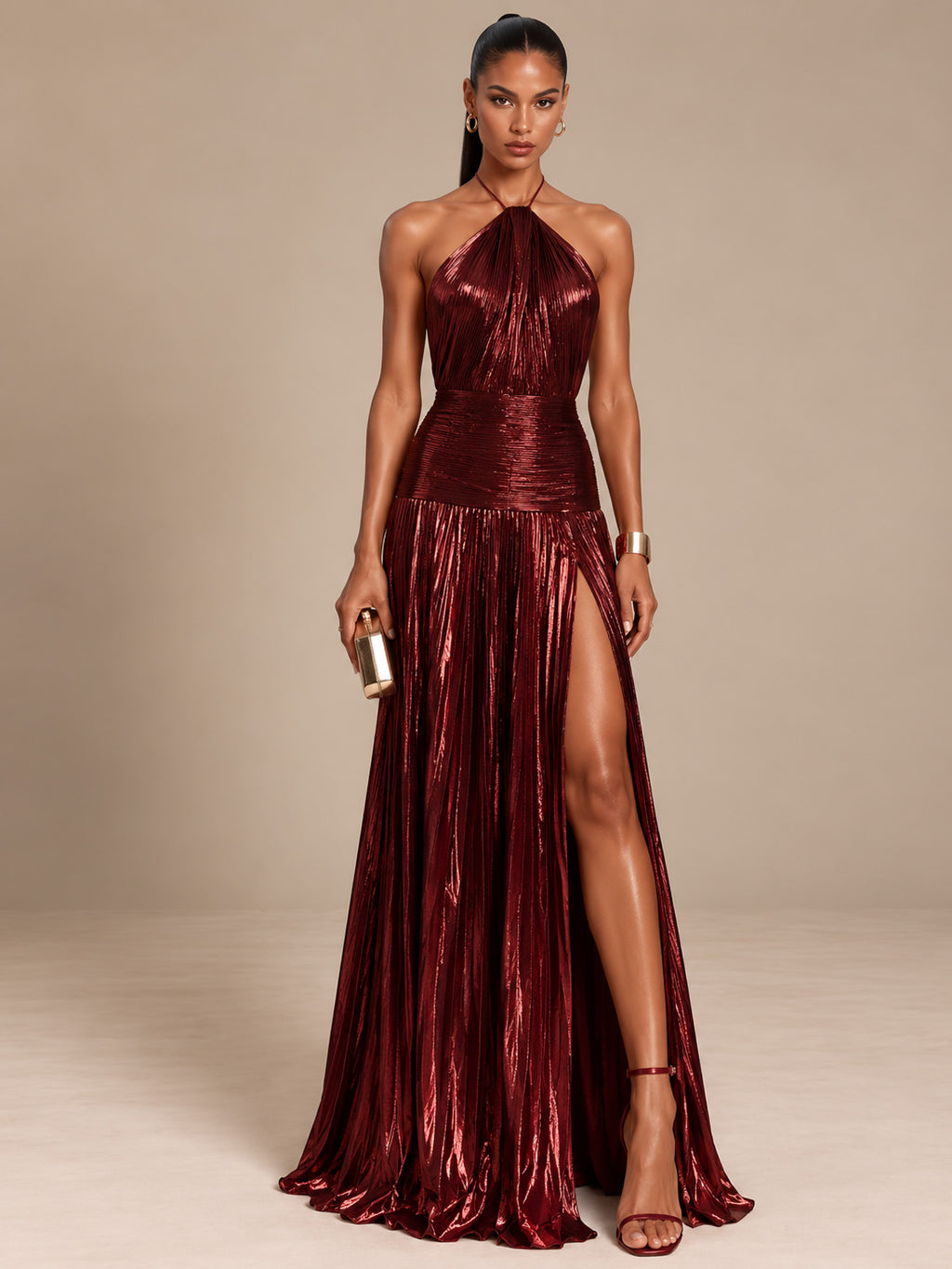 Women’s Metallic Glamorous Halter Neck Sleeveless Backless A-Line Maxi Dress with Ruched Waist and High Slit