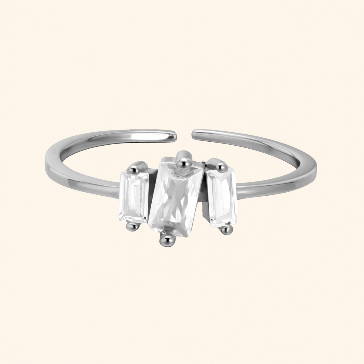 925 Sterling Silver Baguette Crystal Adjustable Open Ring