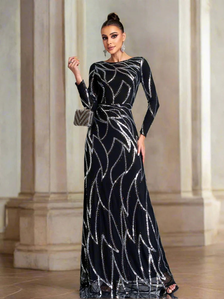 Women’s Black and Bronze Elegant Sequin Mesh Round Neck Long Sleeve Column Maxi Dress with Geometric Pattern