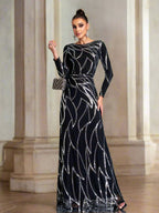 Women’s Black and Bronze Elegant Sequin Mesh Round Neck Long Sleeve Column Maxi Dress with Geometric Pattern