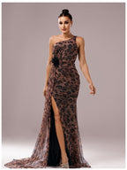 Women’s Brown Elegant Leopard Print One Shoulder Sleeveless High Slit Maxi Dress with Floral Detail