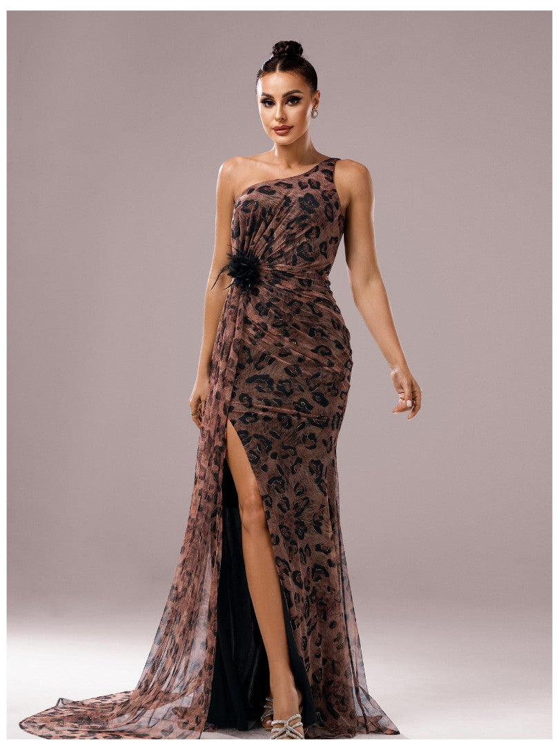 Women’s Brown Elegant Leopard Print One Shoulder Sleeveless High Slit Maxi Dress with Floral Detail