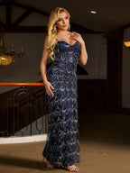 Women’s Navy Blue Elegant Sequin Mesh Sweetheart Neck Spaghetti Strap Column Maxi Dress with Bead Embroidery