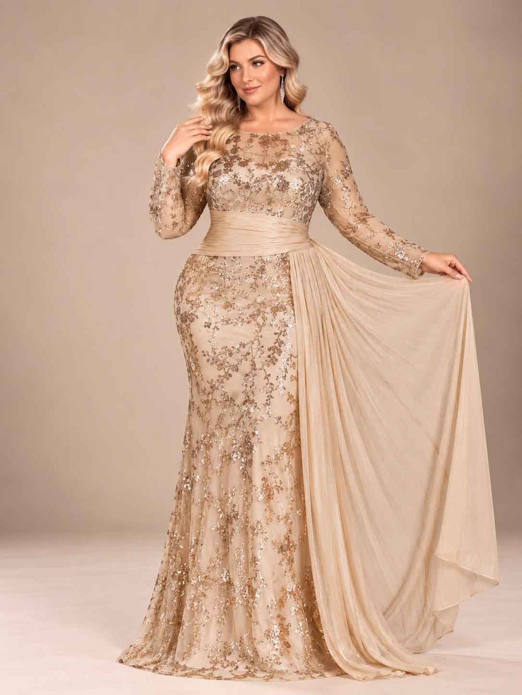Women’s Black Elegant Sequin Round Neck Sheer Long Sleeve Mermaid Maxi Dress with Draped Chiffon Detail