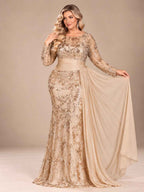 Women’s Black Elegant Sequin Round Neck Sheer Long Sleeve Mermaid Maxi Dress with Draped Chiffon Detail