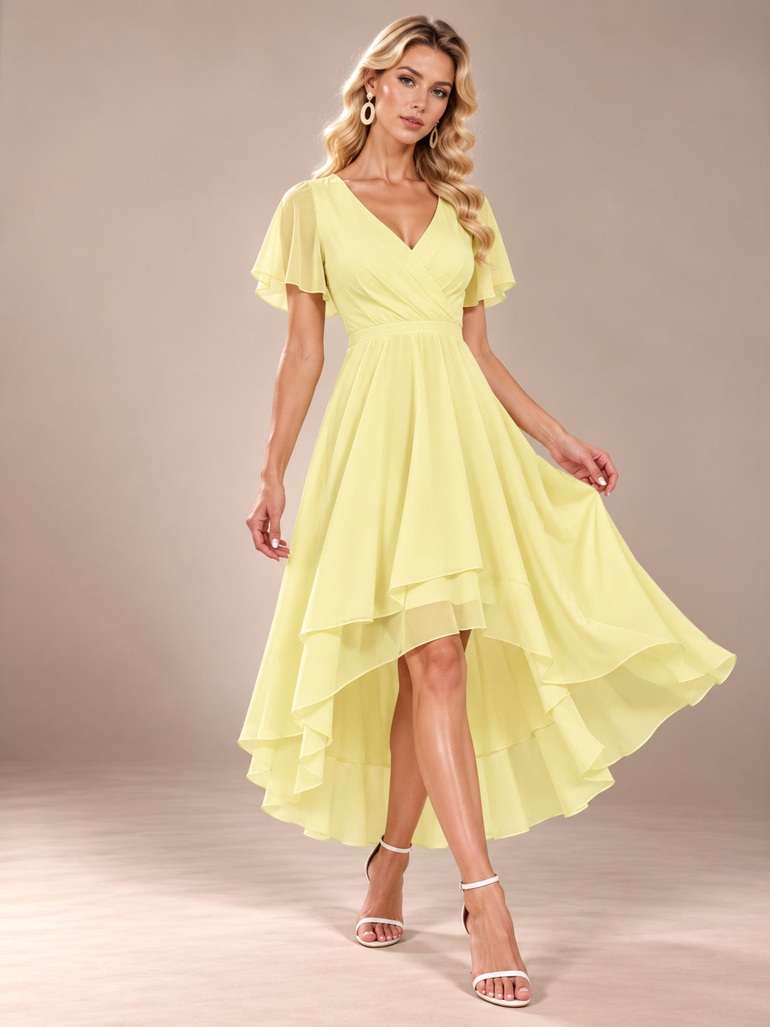 Women’s Emerald Green Elegant Chiffon V-Neck Flutter Sleeve High-Low A-Line Midi Dress with Wrap Detail