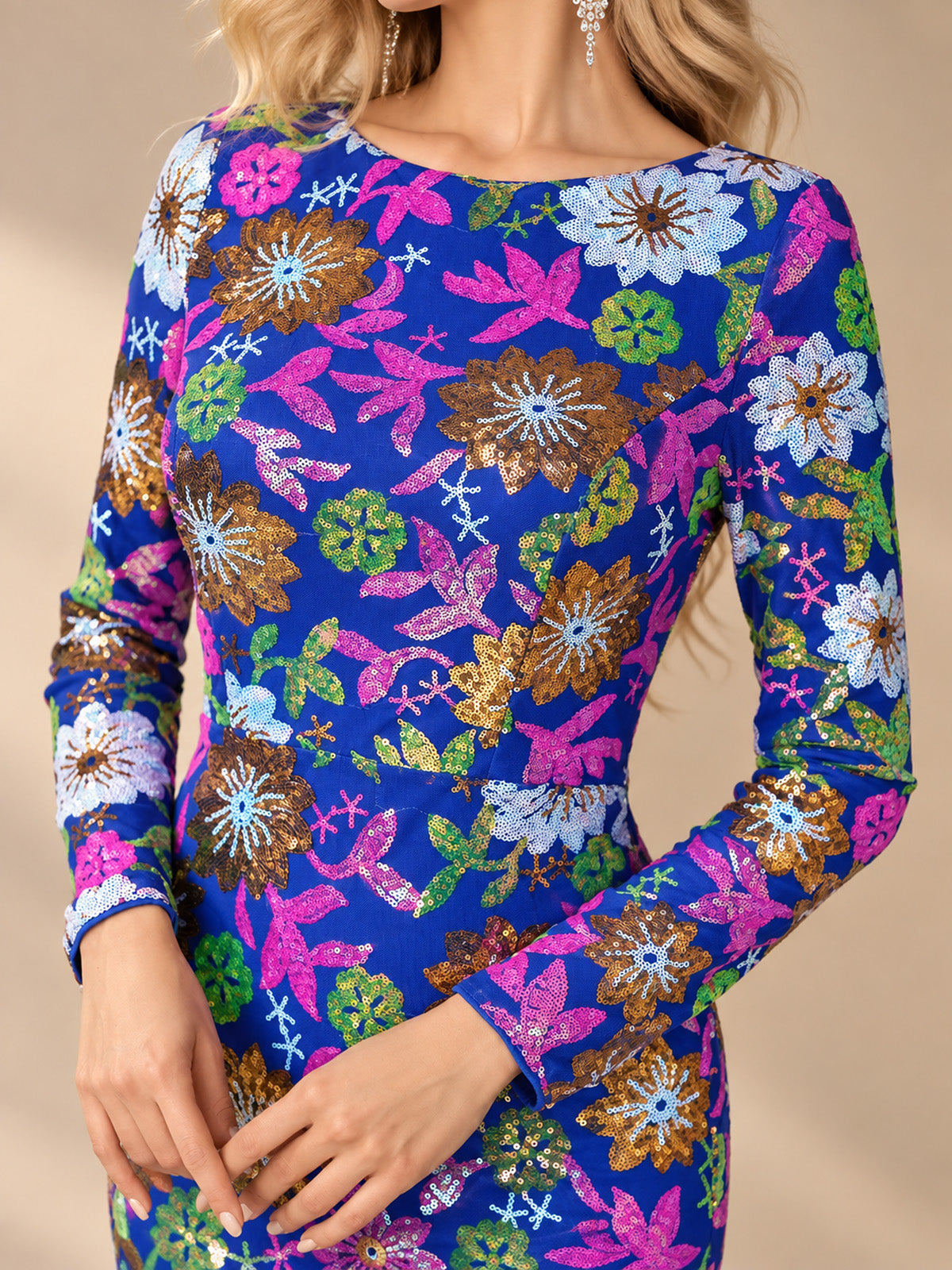 Women’s Royal Blue Floral Sequin Round Neck Long Sleeve Mermaid Maxi Dress