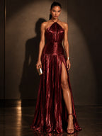 Women’s Metallic Glamorous Halter Neck Sleeveless Backless A-Line Maxi Dress with Ruched Waist and High Slit
