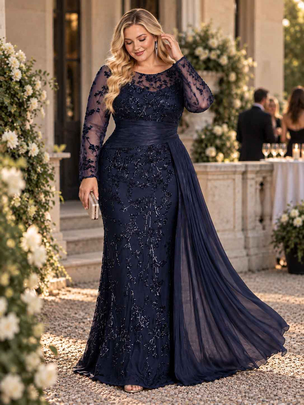 Women’s Black Elegant Sequin Round Neck Sheer Long Sleeve Mermaid Maxi Dress with Draped Chiffon Detail