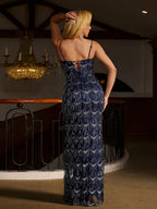 Women’s Navy Blue Elegant Sequin Mesh Sweetheart Neck Spaghetti Strap Column Maxi Dress with Bead Embroidery