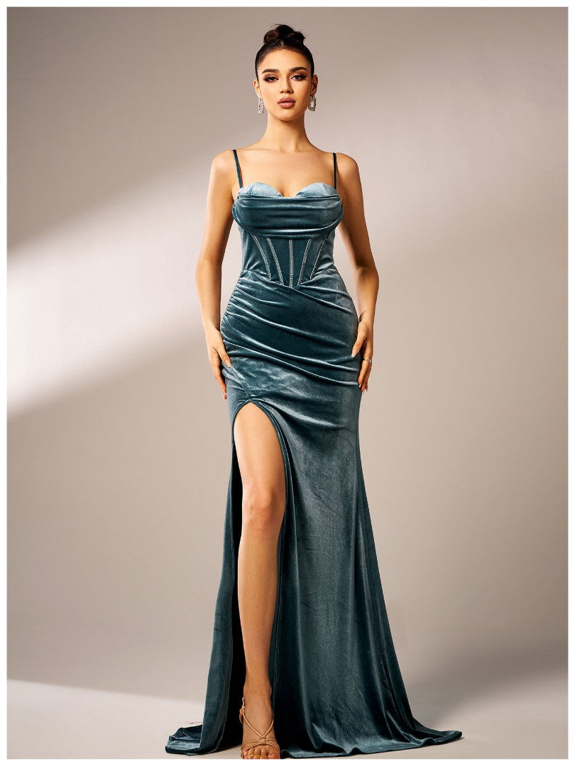 Women’s Teal Elegant Velvet Spaghetti Strap Corset High Slit Maxi Dress with Ruched Detail