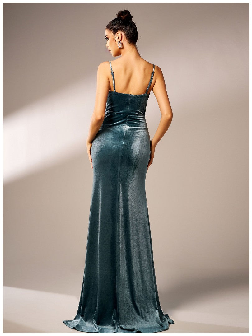 Women’s Teal Elegant Velvet Spaghetti Strap Corset High Slit Maxi Dress with Ruched Detail
