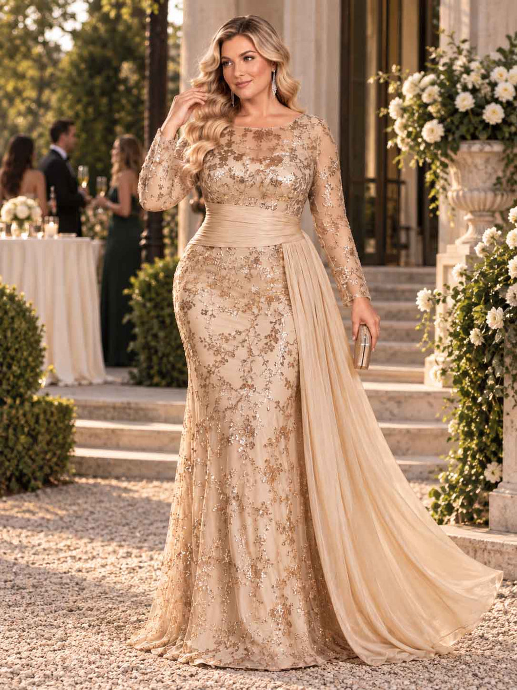 Women’s Black Elegant Sequin Round Neck Sheer Long Sleeve Mermaid Maxi Dress with Draped Chiffon Detail