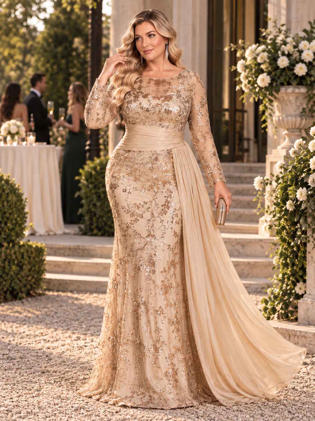 Women’s Black Elegant Sequin Round Neck Sheer Long Sleeve Mermaid Maxi Dress with Draped Chiffon Detail