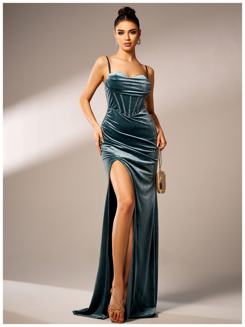 Women’s Teal Elegant Velvet Spaghetti Strap Corset High Slit Maxi Dress with Ruched Detail