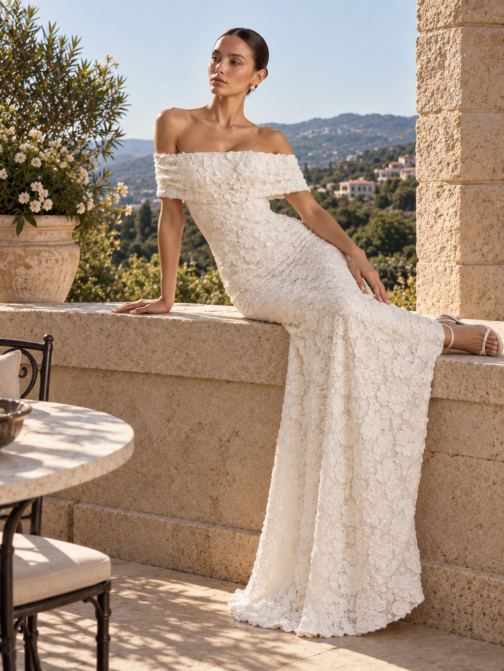 Women’s Ivory Elegant 3D Floral Lace Off-Shoulder Short Sleeve Mermaid Maxi Wedding Dress
