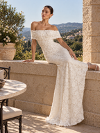 Women’s Ivory Elegant 3D Floral Lace Off-Shoulder Short Sleeve Mermaid Maxi Wedding Dress
