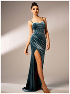 Women’s Teal Elegant Velvet Spaghetti Strap Corset High Slit Maxi Dress with Ruched Detail