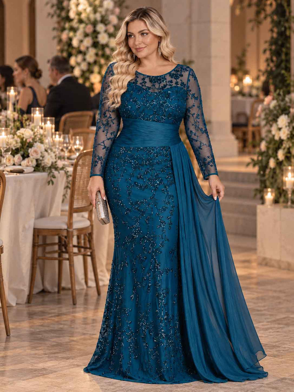 Women’s Black Elegant Sequin Round Neck Sheer Long Sleeve Mermaid Maxi Dress with Draped Chiffon Detail
