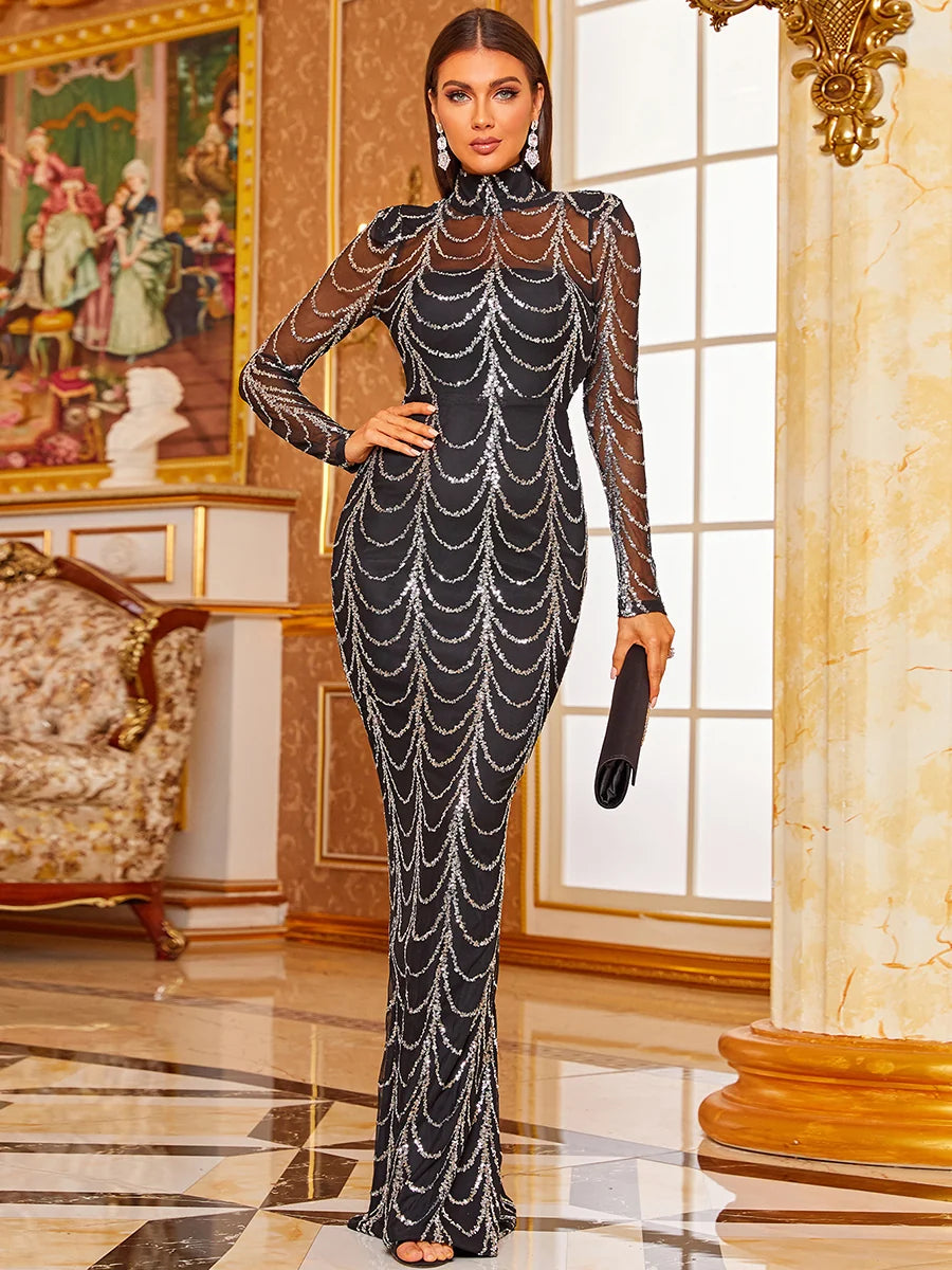 Women’s Black Luxury Sequin Mesh High Neck Long Sleeve Mermaid Maxi Dress with Draped Crystal Pattern