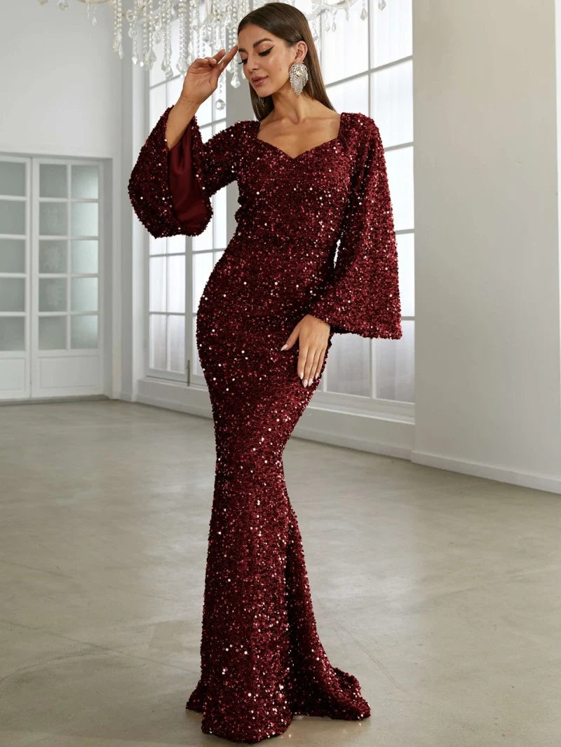 Women’s Rose Gold Evening Sequin V-Neck Mermaid Maxi Dress with Bell Sleeves