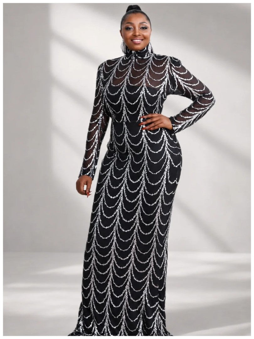 Women’s Black Elegant Sequin Mesh High-Neck Long-Sleeve Plus-Size Maxi Dress with Draped Design