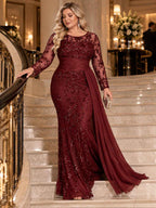 Women’s Black Elegant Sequin Round Neck Sheer Long Sleeve Mermaid Maxi Dress with Draped Chiffon Detail