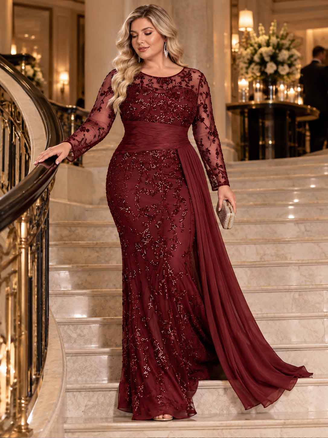 Women’s Black Elegant Sequin Round Neck Sheer Long Sleeve Mermaid Maxi Dress with Draped Chiffon Detail