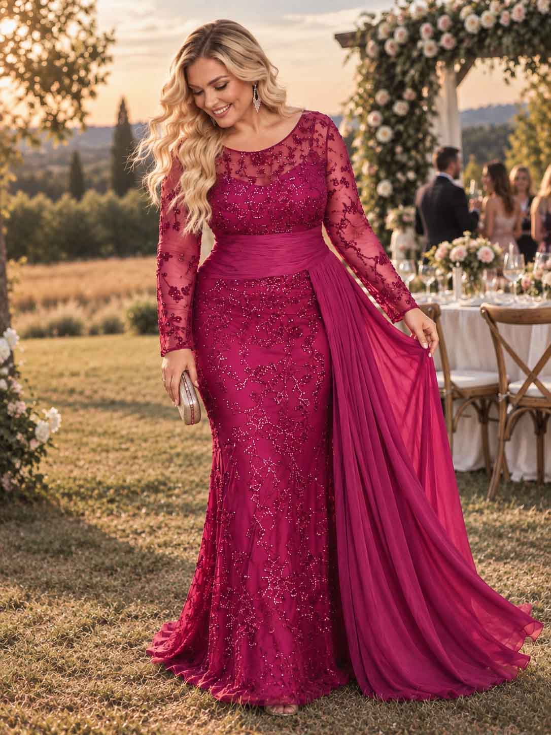 Women’s Black Elegant Sequin Round Neck Sheer Long Sleeve Mermaid Maxi Dress with Draped Chiffon Detail