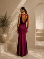 Women’s Burgundy Satin Cowl Neck Sleeveless Slim Mermaid Maxi Dress