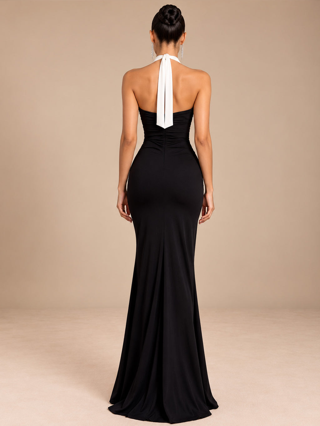 Women’s Black Elegant Strapless Sleeveless Sheath Maxi Dress with Detachable White Halter Scarf and Convertible Bow Detail