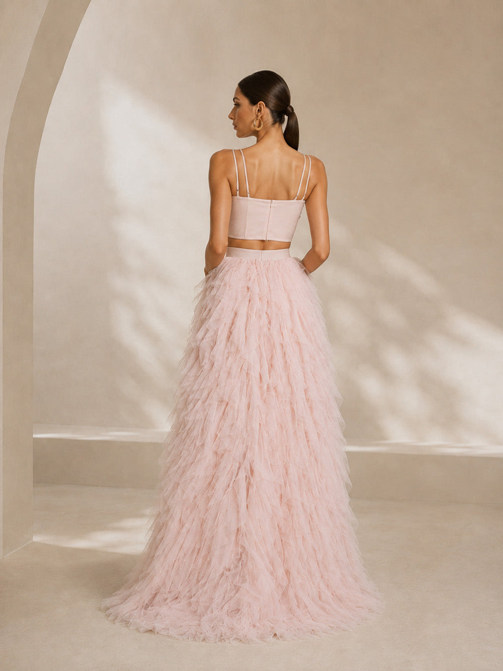 Women’s Beige Romantic Tulle Sweetheart Neck Sleeveless A-Line Maxi Dress Set