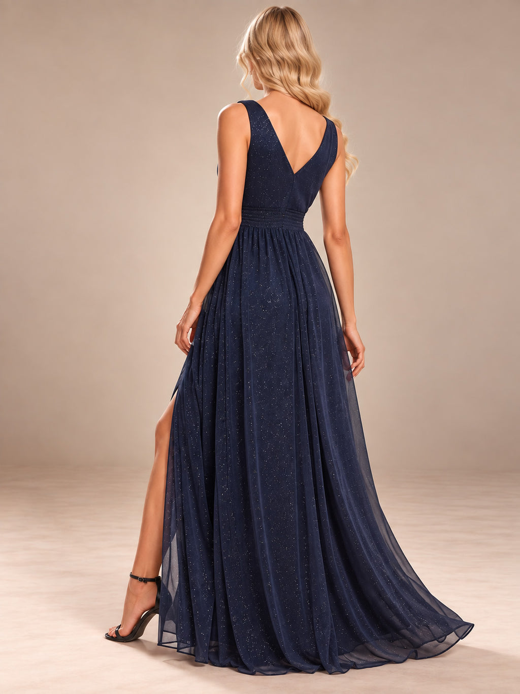 Women’s Navy Blue Elegant Glitter V-Neck Sleeveless A-Line Maxi Dress with Ruched Waist and High Slit