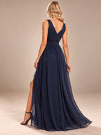 Women’s Navy Blue Elegant Glitter V-Neck Sleeveless A-Line Maxi Dress with Ruched Waist and High Slit