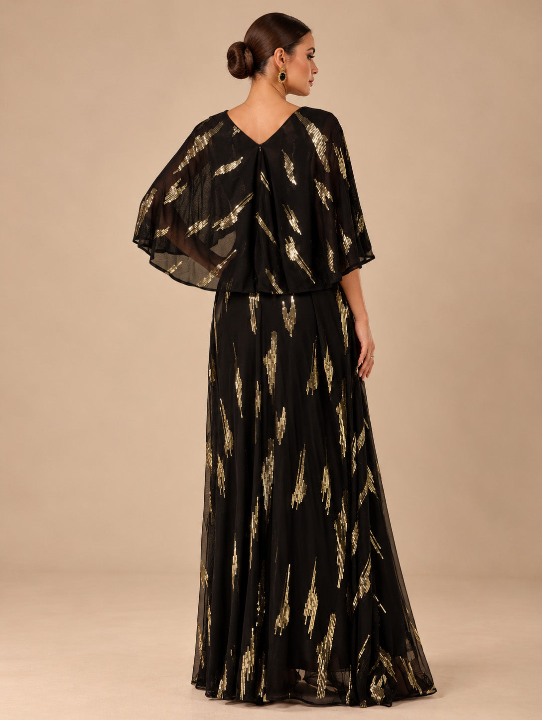 Women's Glamorous Black and Gold Metallic Print V-Neck Flutter Sleeve A-Line Maxi Evening Dress