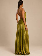 Women’s Metallic Glamorous Halter Neck Sleeveless Backless A-Line Maxi Dress with Ruched Waist and High Slit