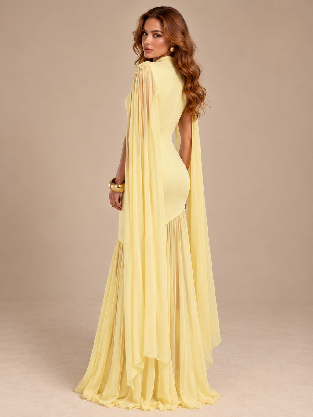 Women’s Butter Yellow Elegant Chiffon High Neck Sleeveless Maxi Dress with Cape Sleeves and Asymmetric Mermaid Hem