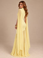 Women’s Butter Yellow Elegant Chiffon High Neck Sleeveless Maxi Dress with Cape Sleeves and Asymmetric Mermaid Hem