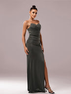 Women’s Dark Olive Green Elegant Strapless Sweetheart Neck Sleeveless Mermaid Maxi Dress with Ruched Detail and High Slit