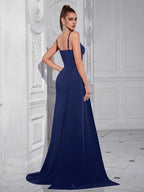 Women’s Navy Elegant Sweetheart Spaghetti Strap Tailored Maxi Dress with Side Slit