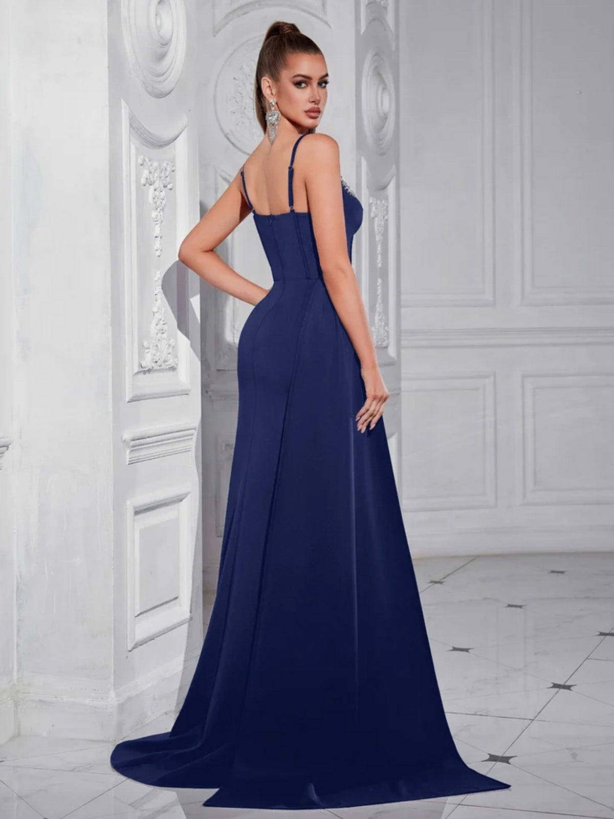 Women’s Navy Elegant Sweetheart Spaghetti Strap Tailored Maxi Dress with Side Slit